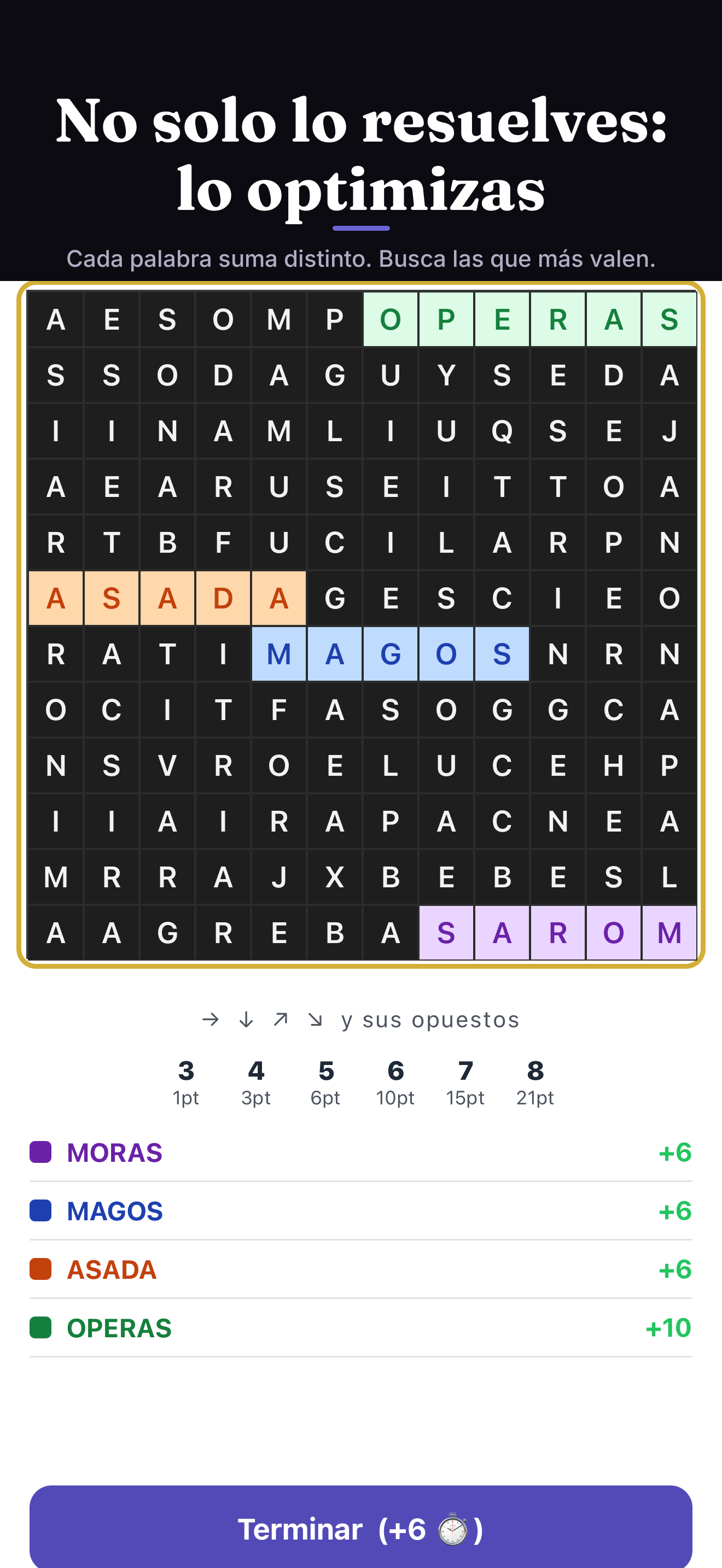 Partida de Letra con cuatro palabras encontradas y sus puntos