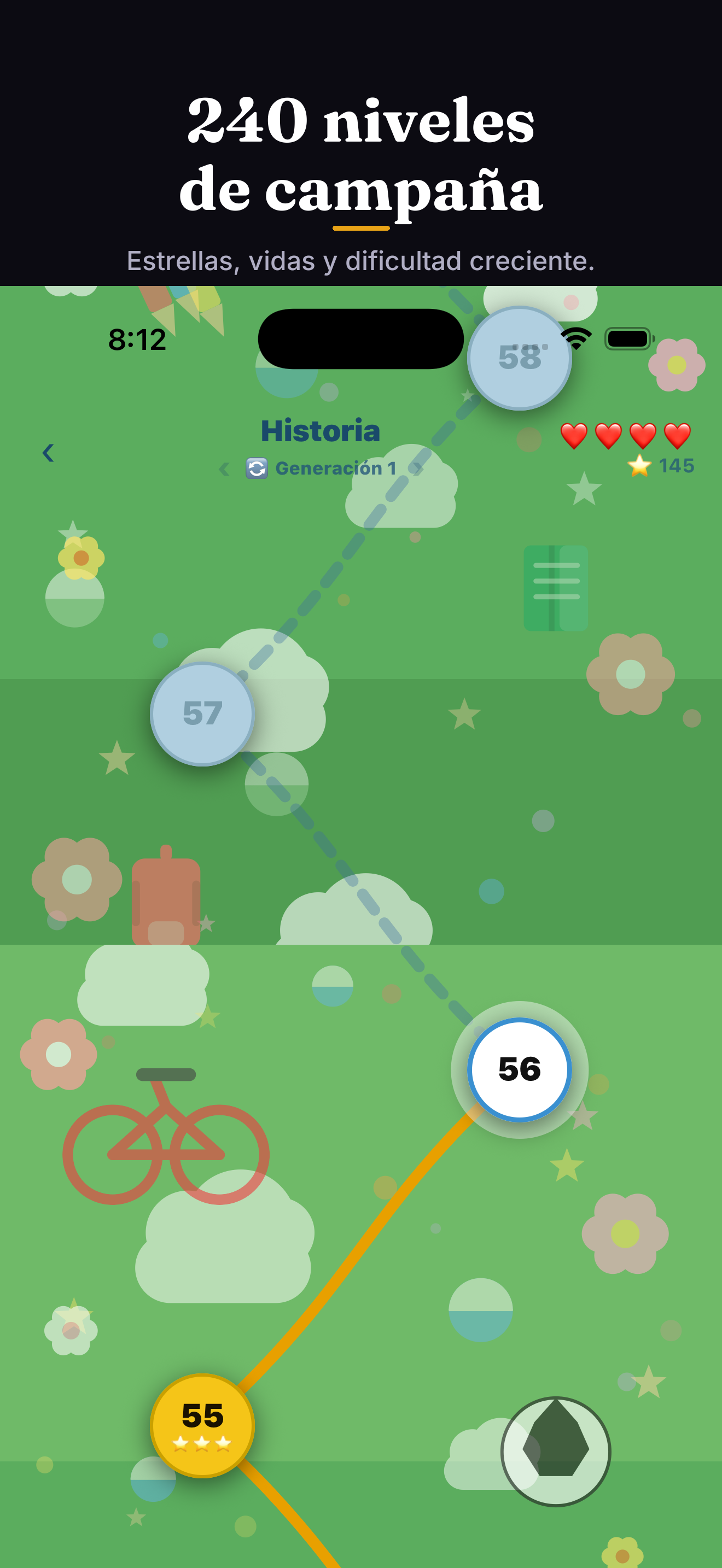 Mapa del modo historia con niveles y estrellas